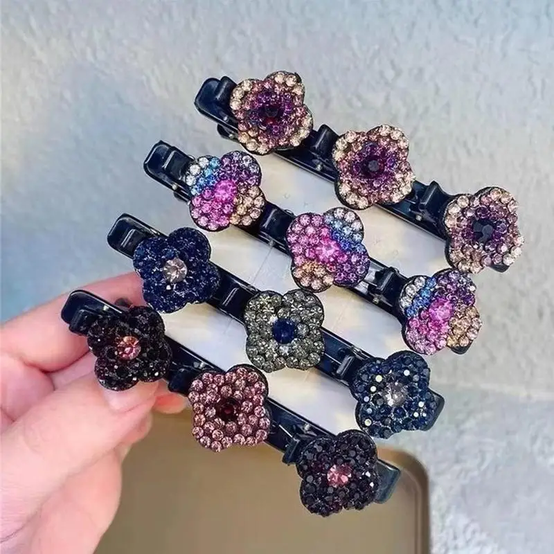 Horquilla de trébol con diamantes de imitación, accesorios para el cabello, pinza para el cabello de trébol de cuatro hojas, horquilla de pico de pato, Clip de doble capa