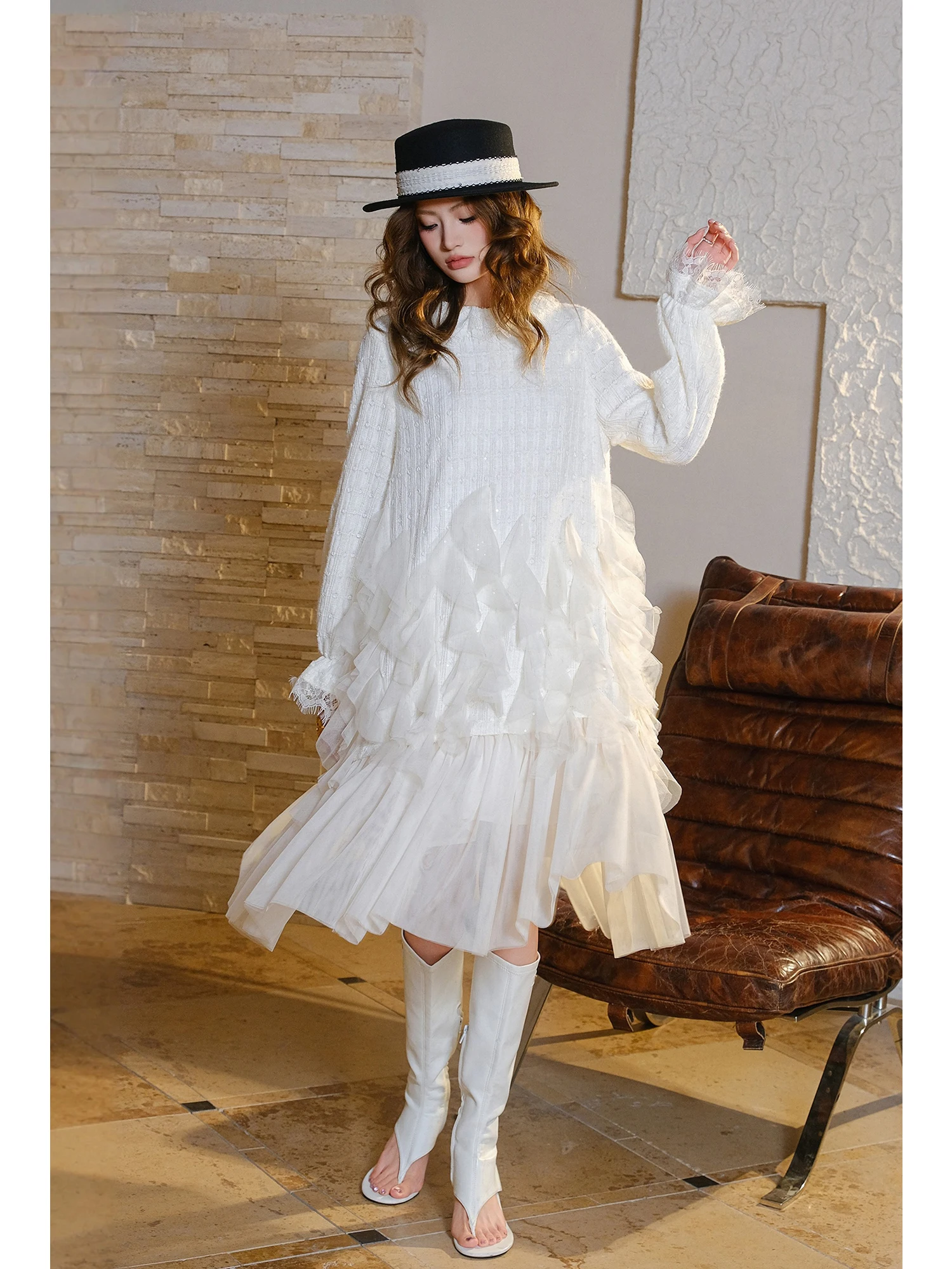 

MIUCO Fairy White Moon Light Knitted Tulle Dr with Flounce Sve And Bell Sve Lightweight Luxury Spring Dr for Women