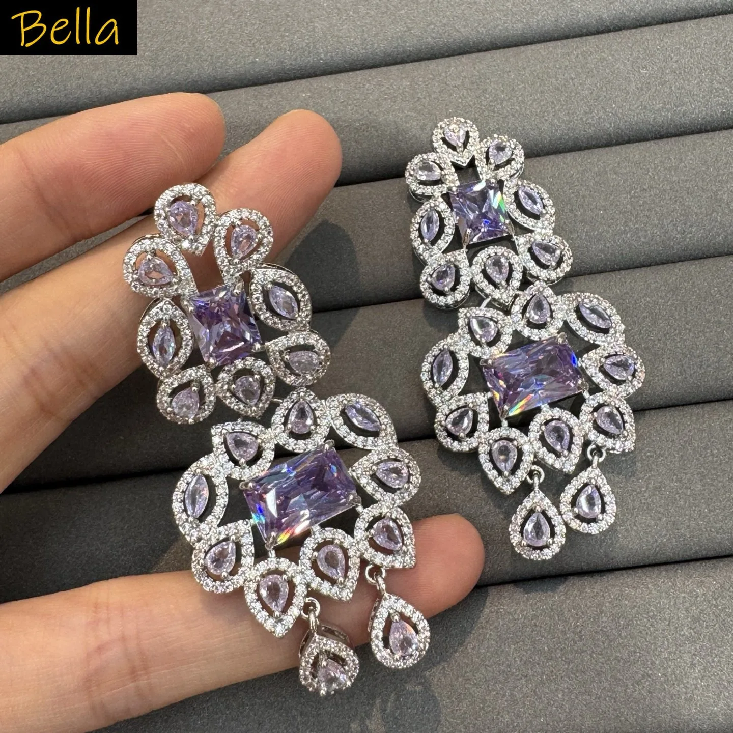 

fashion luxury cubic zirconia earrings for women jewelry gala event dinner party long danging earrings fushia green purple red