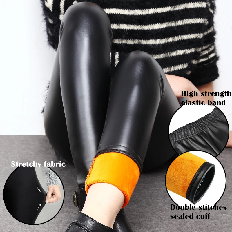 Autumn Winter Thermal Matt Black Faux Leather Leggings Women Simulated Wool Flix Tight Leather Pants Sexy Stretchy Soft Leggings