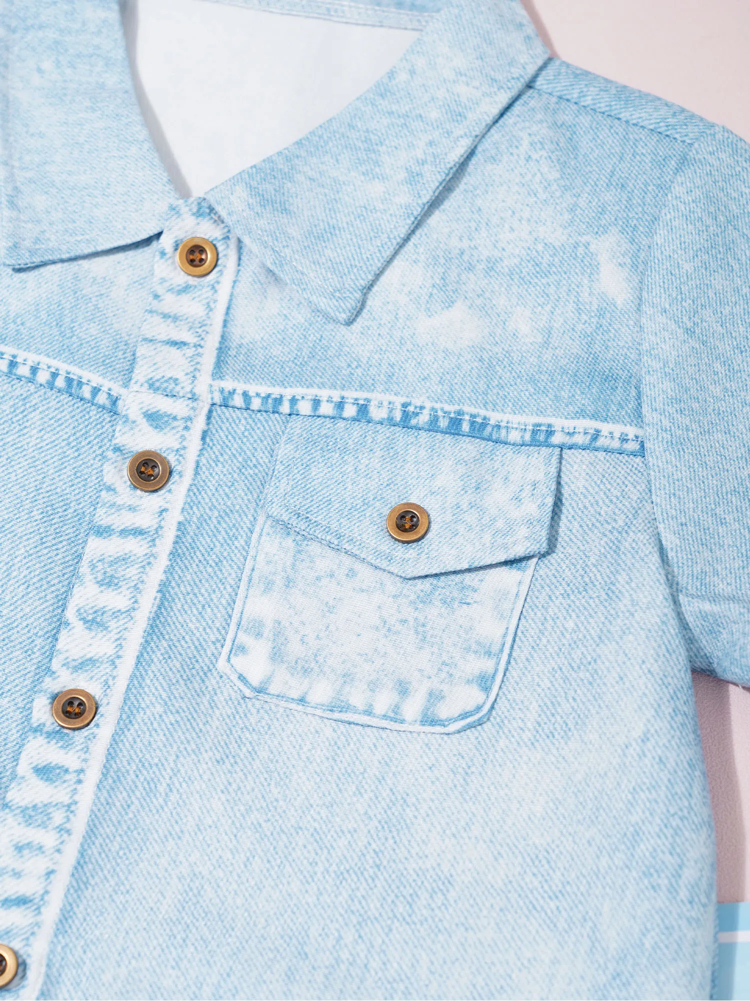 

Kids Boys Imitation Denim Two-Piece Set Turn-Down Collar Short Sleeves Shirt With Elastic Waistband Shorts For Holiday Leisure