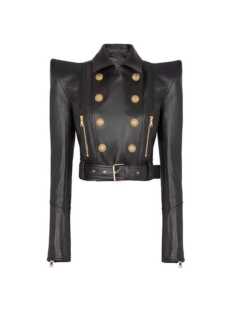 HIGH STREET New Fashion 2025 Designer Jacket Women's Peak Shoulder Double Breasted Lion Buttons Faux Leather Jacket Moto Jacket