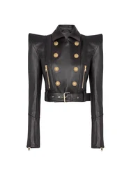 HIGH STREET New Fashion 2026 Designer Jacket Women's Peak Shoulder Double Breasted Lion Buttons Faux Leather Jacket Moto Jacket