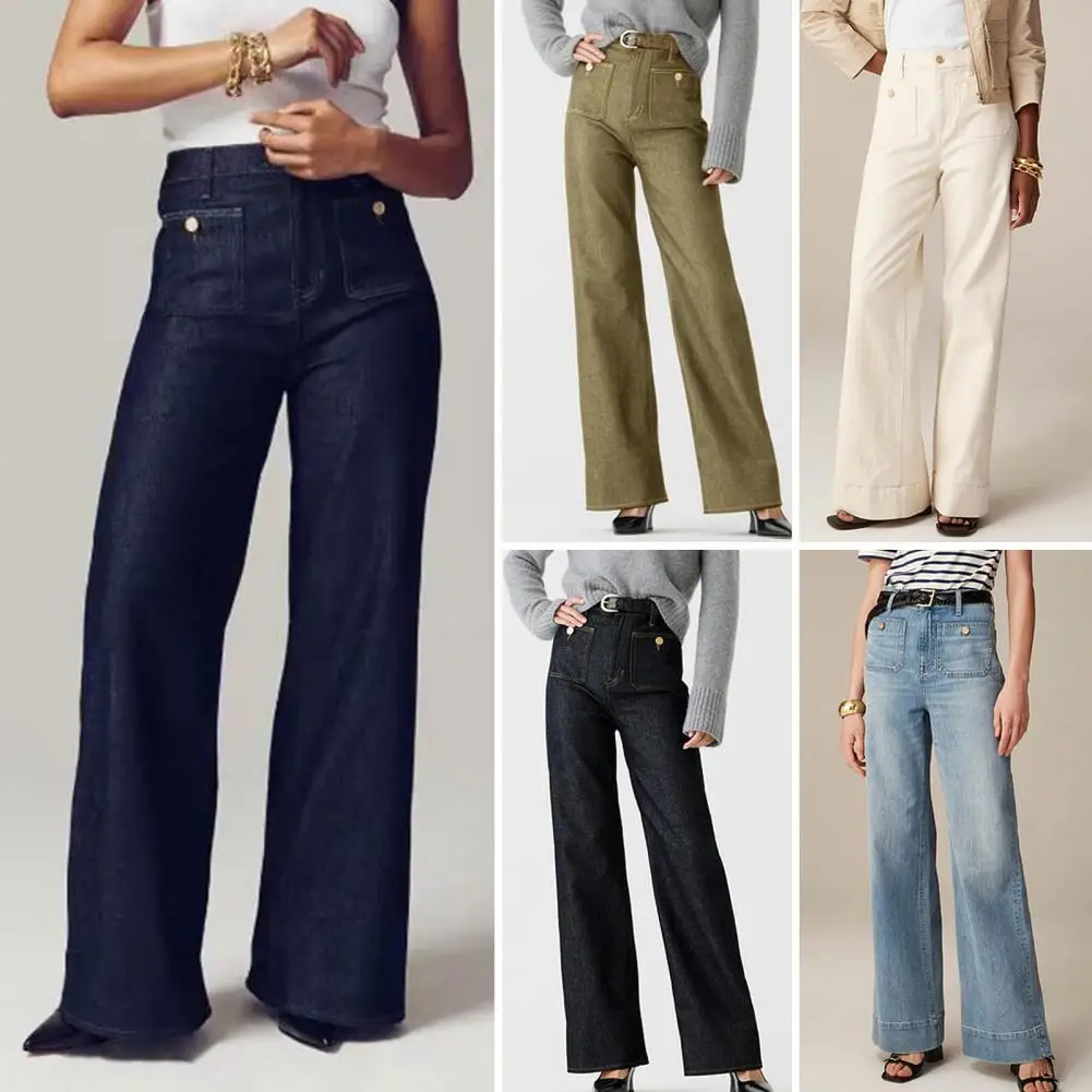 Calça jeans feminina de cintura alta de perna larga, calça levantadora de quadril, jeans de levantamento de bunda, bolsos múltiplos, decoração de botão para A, tamanho grande