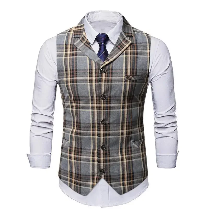 

2023 Autumn/Winter New Youth Fashion Sweetheart Collar Plaid Single Breasted Men's Casual Vest