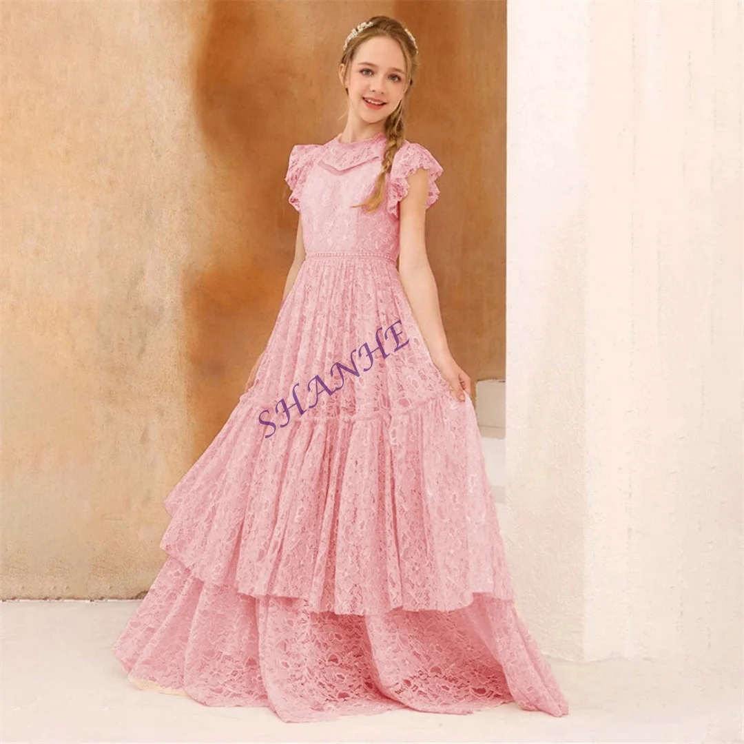 

Индивидуальное кружевное платье с аппликацией и круглым вырезом, коротким рукавом, длинное вечернее платье принцессы с цветочным узором для девочек, длиной до пола, классическое платье с цветочным узором для девочек, на заказ