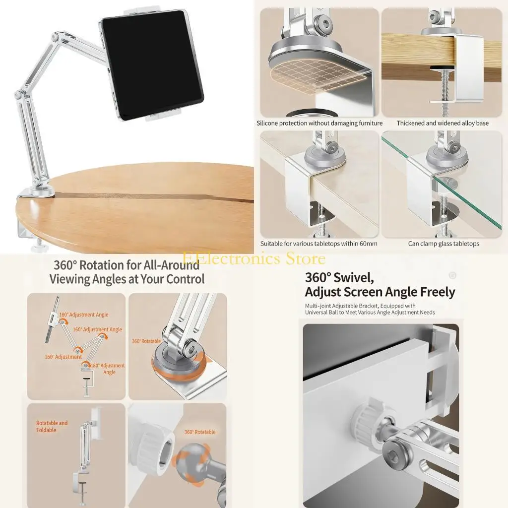 B03C Aluminum Alloy Ergonomic Rotating Tablets Stand Foldable Adjustable Heights and Clamp Attachment for Viewing Angle