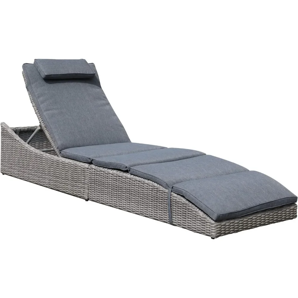 Outdoor Adjustable Chaise Lounge Chair with Removable Cushion, Fully Assembled, Patio PE Rattan Reclining Lounger