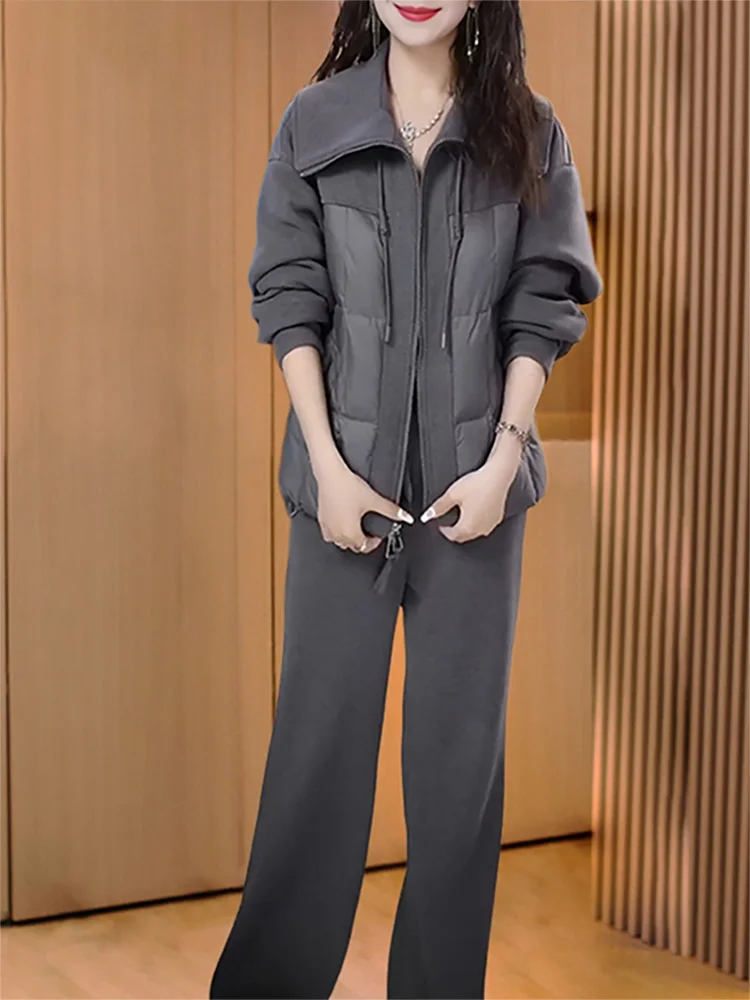 

Fashionable Thickened Patchwork Jacket Straight Leg Pants Women's Two-Piece Set Autumn Winter New Arrival Elegant Versatile