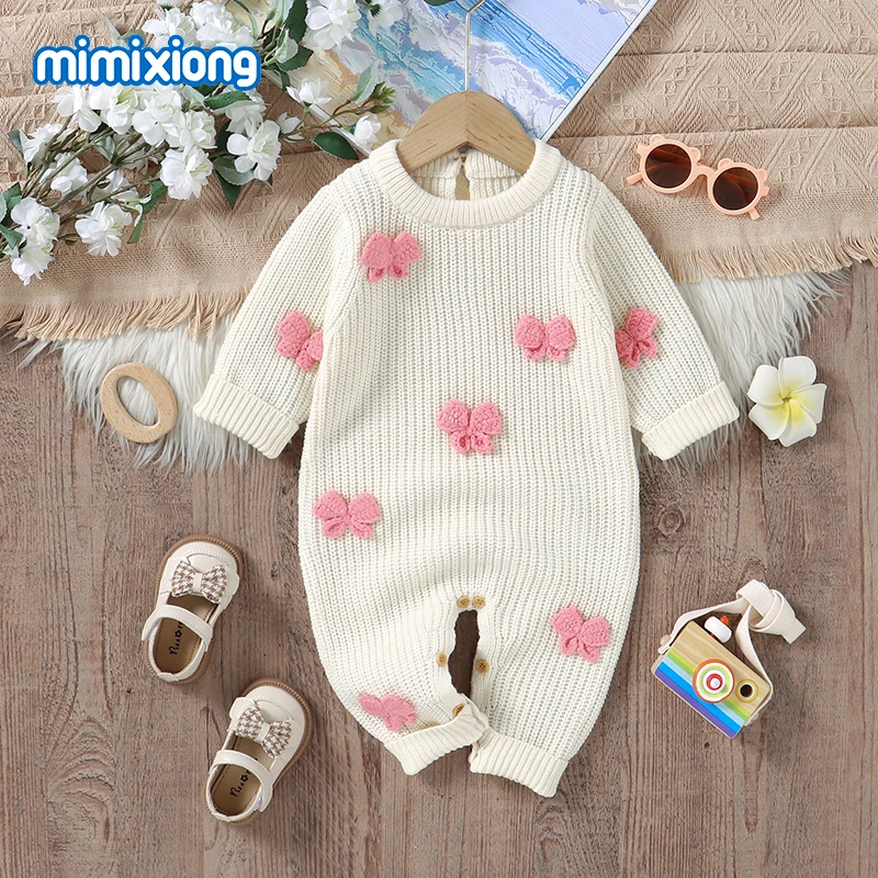 

Newborn Jumpsuits Autumn Winter Baby Girls Knit Long Sleeve Rompers Infant Bowknot Playsuits One Piece Toddler Outfits Clothes