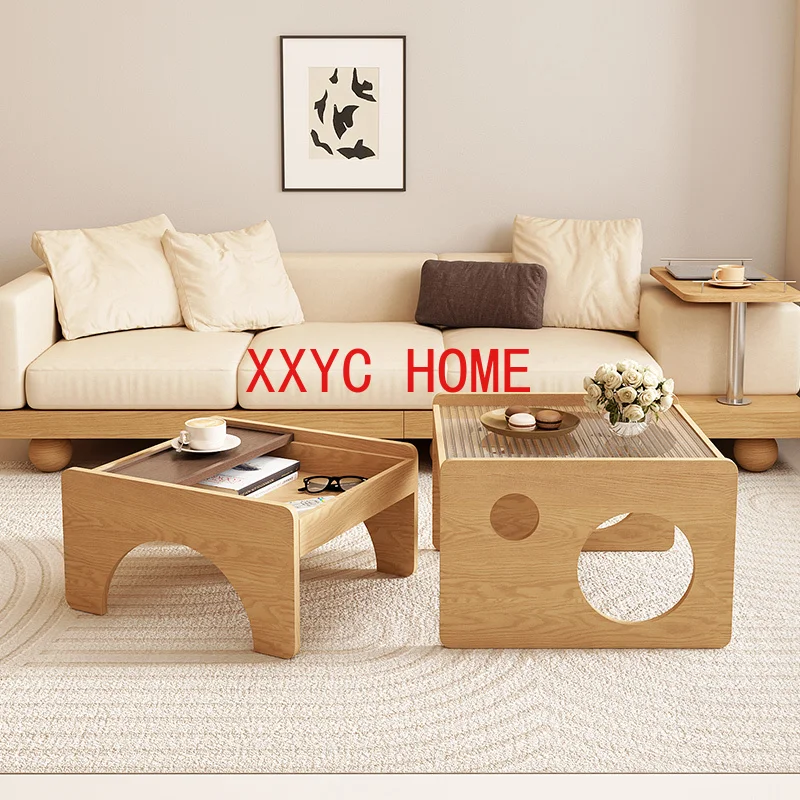 Solid Wood Small Apartment Living Room Home Modern Minimalist Changhong Glass Tea Table Combination