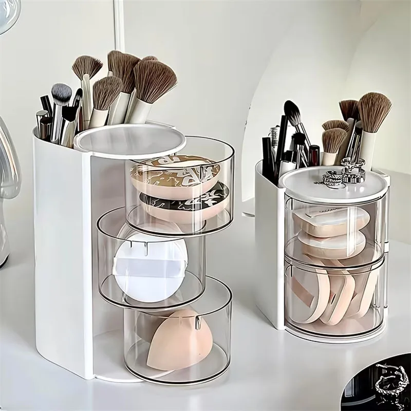 180 Degree Rotating Transparent Desktop Comestic Tools Storage Box for Makeup Brushes Sponges Puffs Hair Accessories and Jewelry