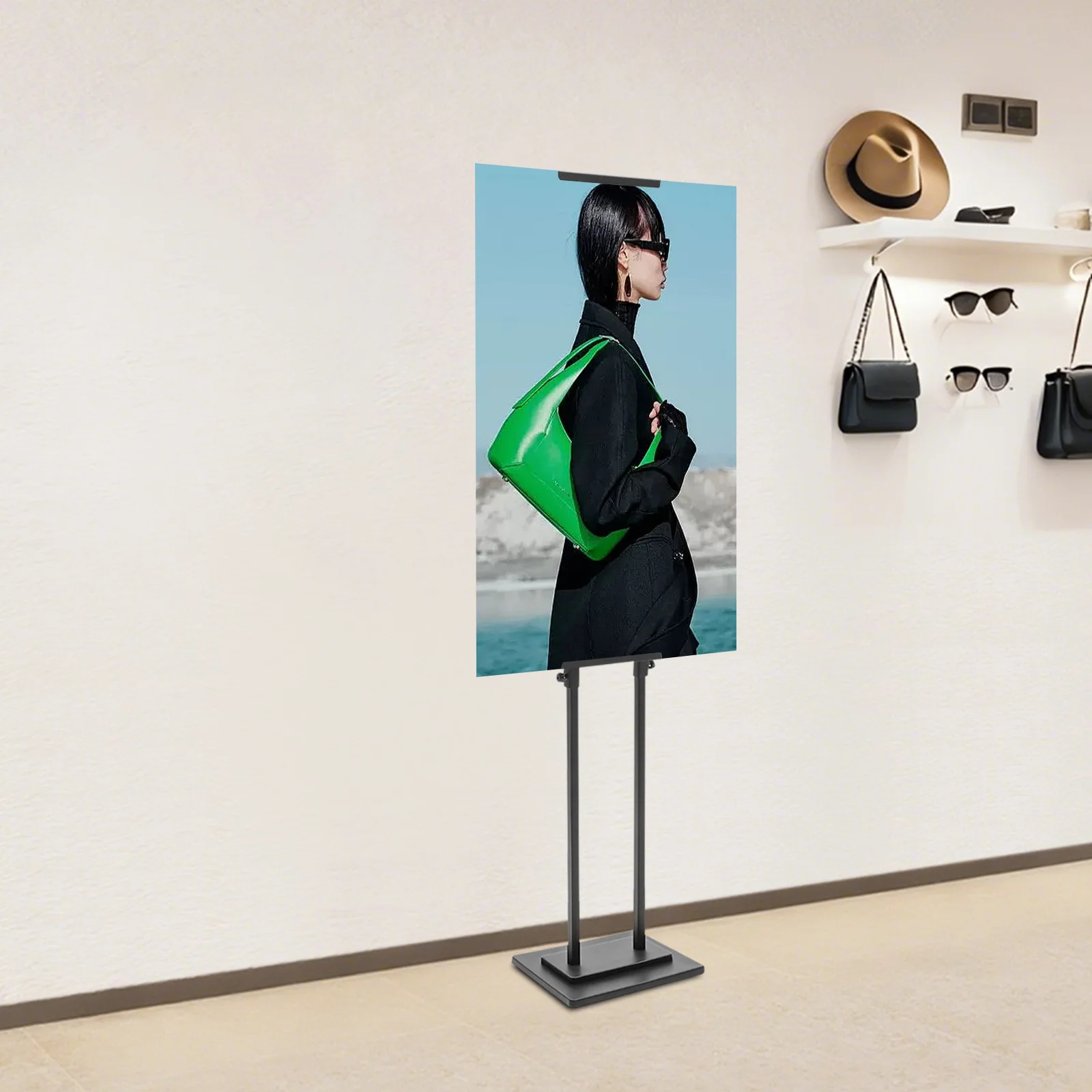 Black Iron Plastic Floor Advertising Stand 7.87-70.86in Adjustable Slot Width Baking Paint Finish Double Layer Wide Base 0.5kg Load Rounded Edge Exhibition Mall Shop Poster Display Rack