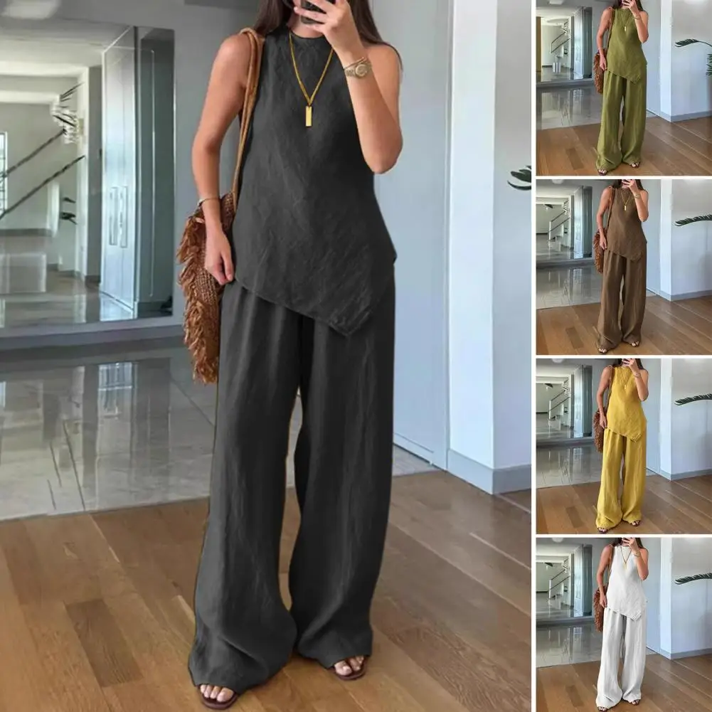 Women's Cotton Linen Long Pants Sets Fashion Solid Casual Irregular Tops Wide Leg Pant Suits Office Lady Summer Casual suit