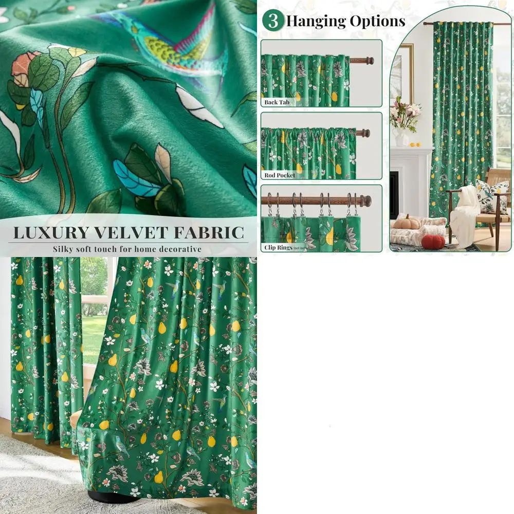 

108-дюймовые темно-зеленые винтажные шторы для затемнения комнаты с дизайном в стиле ар-деко с изображением колибри