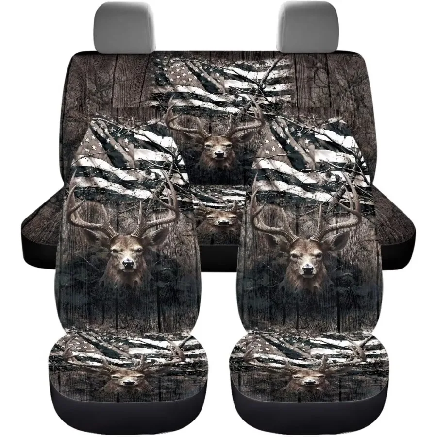 Universal Fit Car Seat Covers with Deer Flag Tree Camo Pattern for Sedan SUV and Truck Full Set Waterproof Front and Split Rear