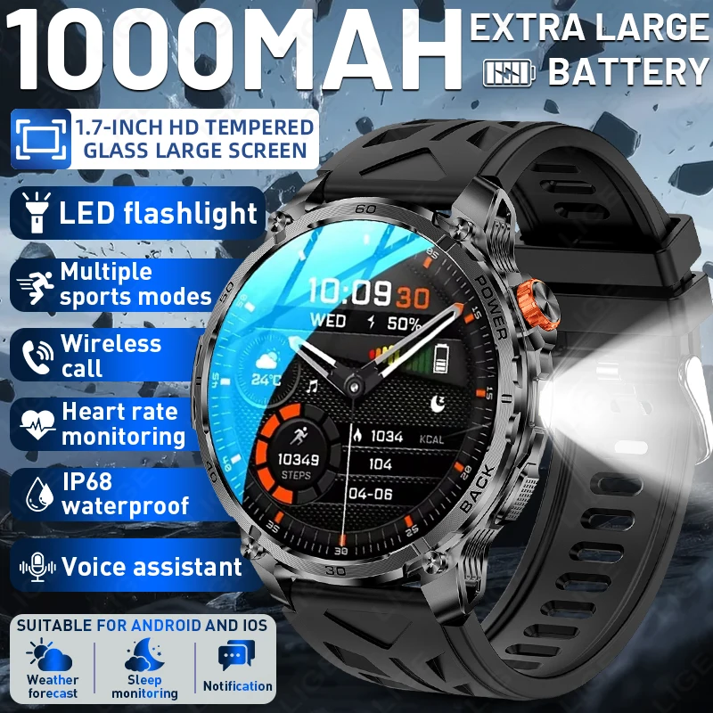

Смарт-часы с аккумулятором 1000 мАч, новинка 2026 года, военный стандарт IP68, водонепроницаемые, со светодиодным фонариком, Bluetooth-вызовами, для спорта и фитнеса, мужские