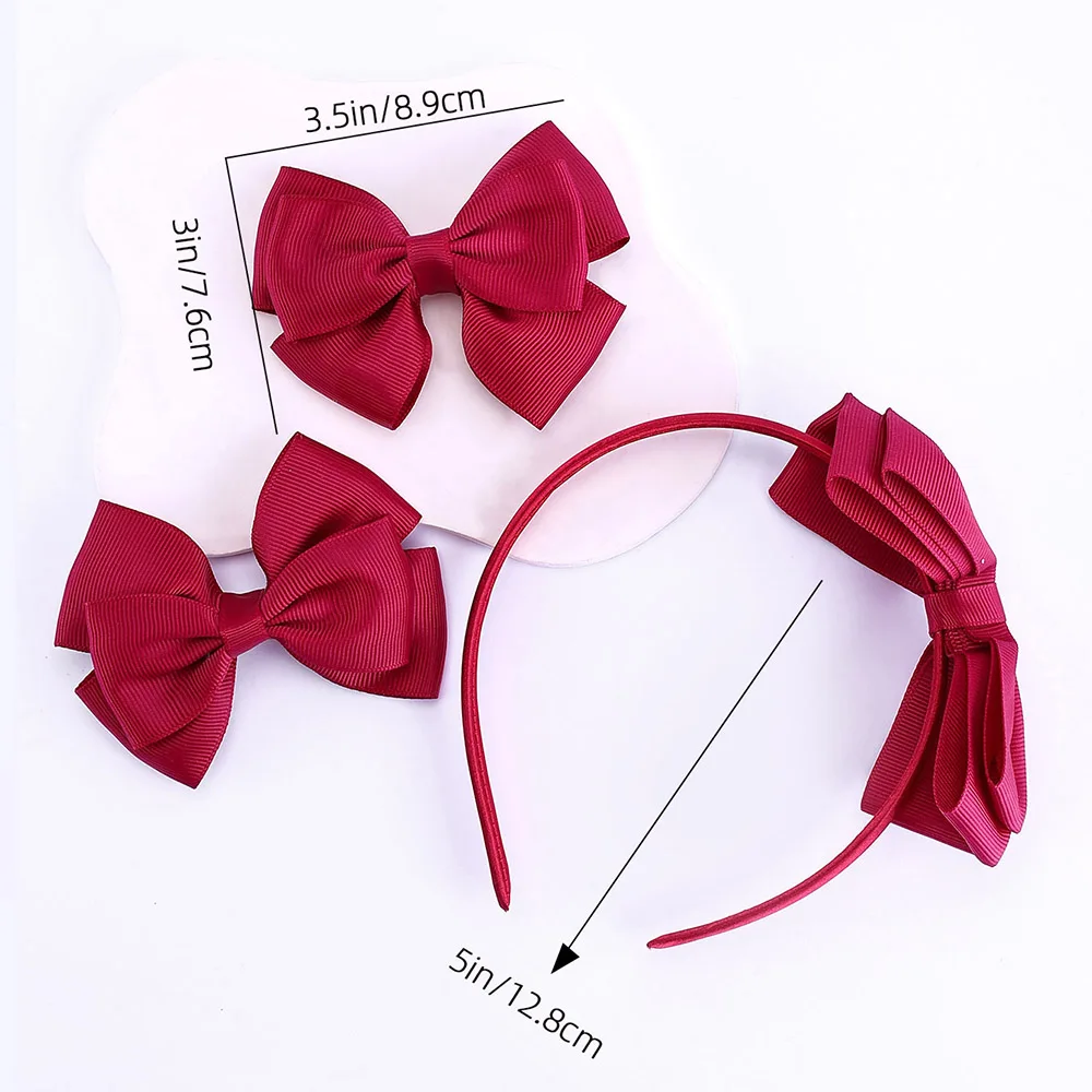 3pcs Red Bows Headband and Hair Clips Set for Girls Bow Grosgrain Ribbon Hair Accessories Headwear Hair Accessories for Girls