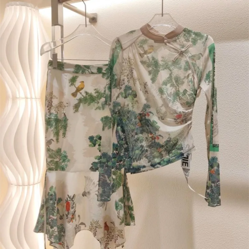 Falda Irregular de manga larga con cuello levantado de estilo chino, Top con botones y estampado Floral, nuevo traje