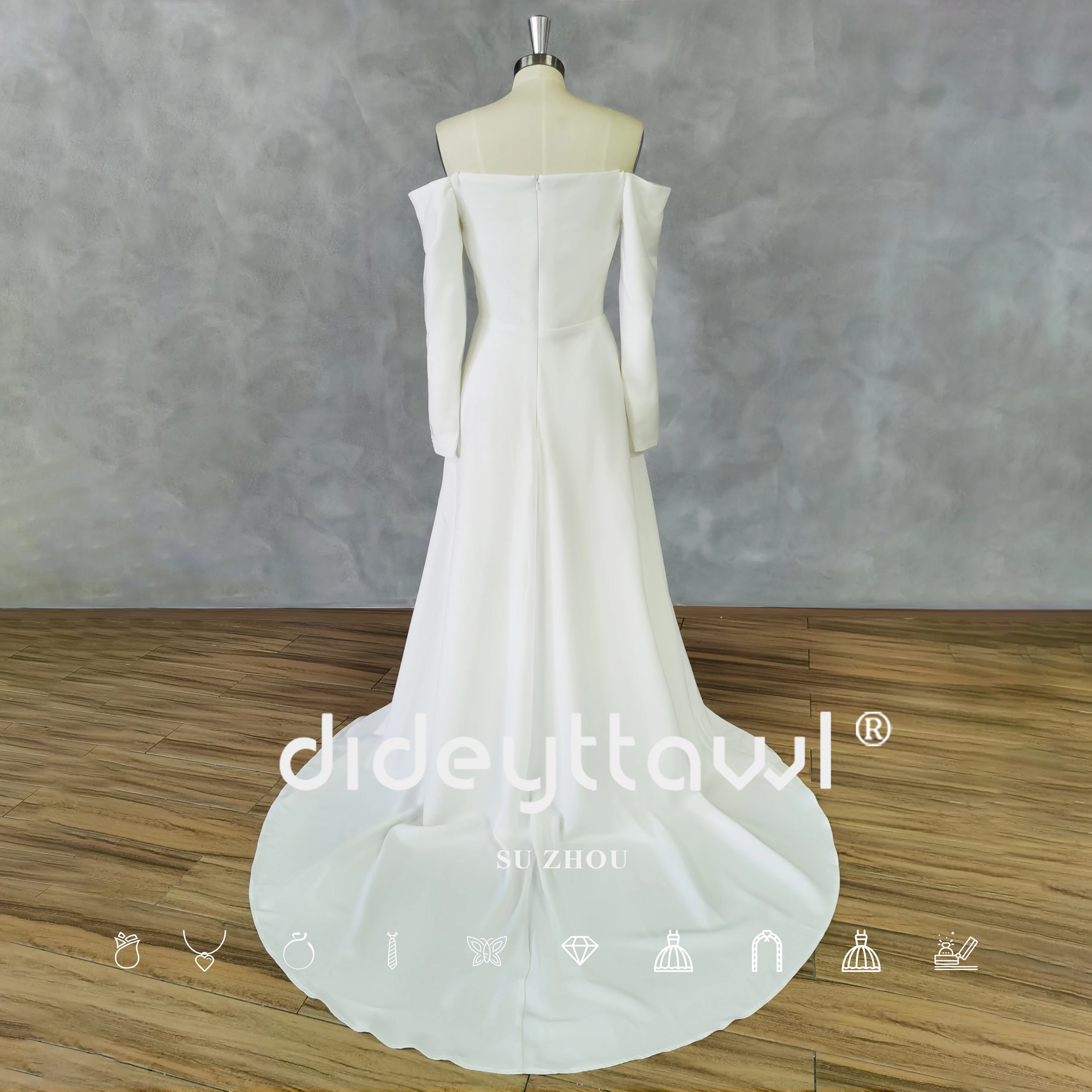 DIDEYTTAWL Real Picture Simple Off-Shoulder Crepe A-Line Wedding Dress Button Zipper Back High Slit Court Train Bridal Gown