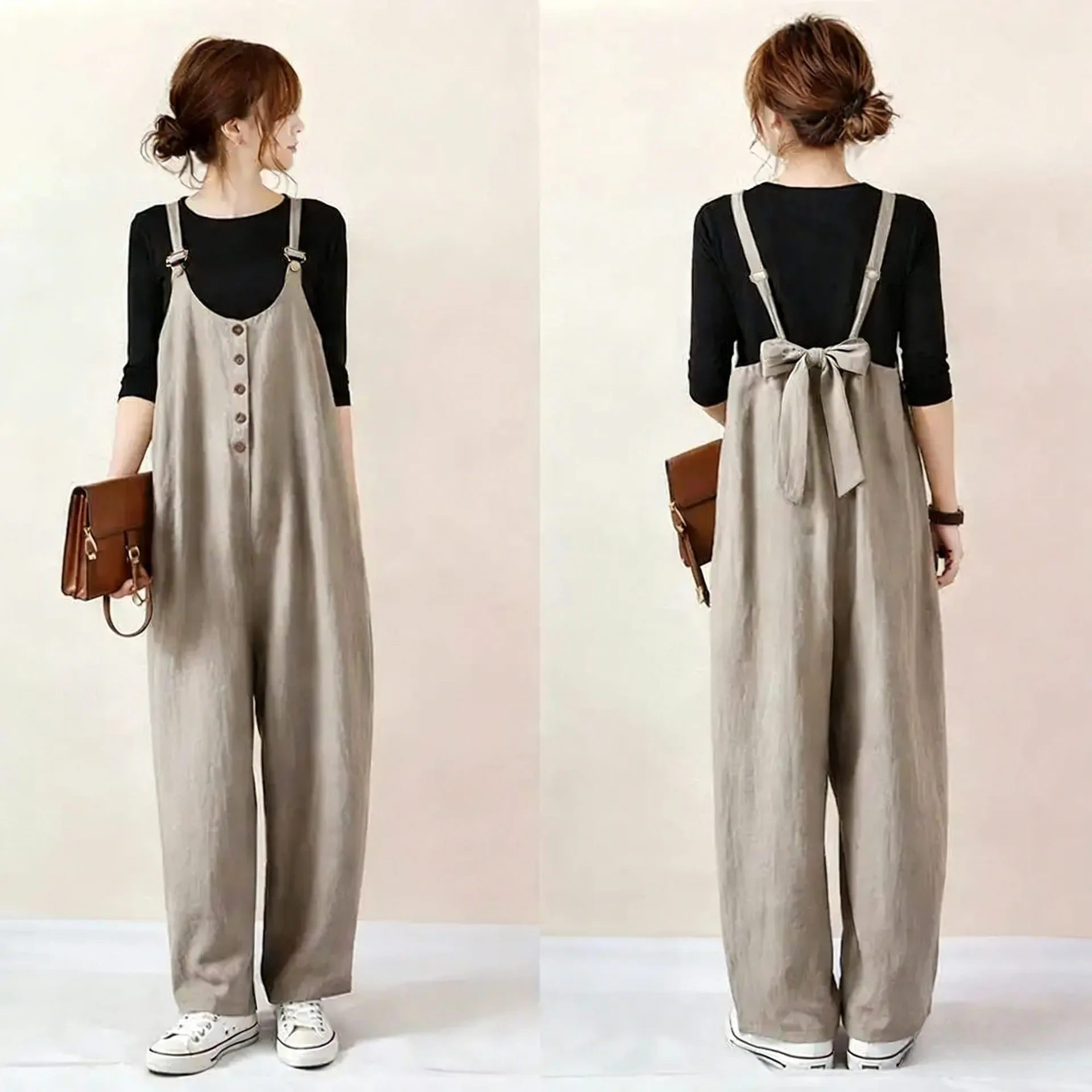 Japanese Style Loose Casual One-Piece Pants with Button Pocket Pure Color Straps High Waist Polyester And Cotton Blend Ladies...
