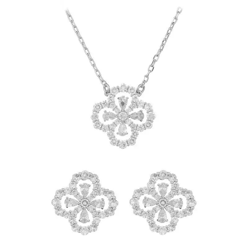 Brincos com design de nicho incrustado de zircão, colares de flores da moda, correntes de clavícula e joias de trevo