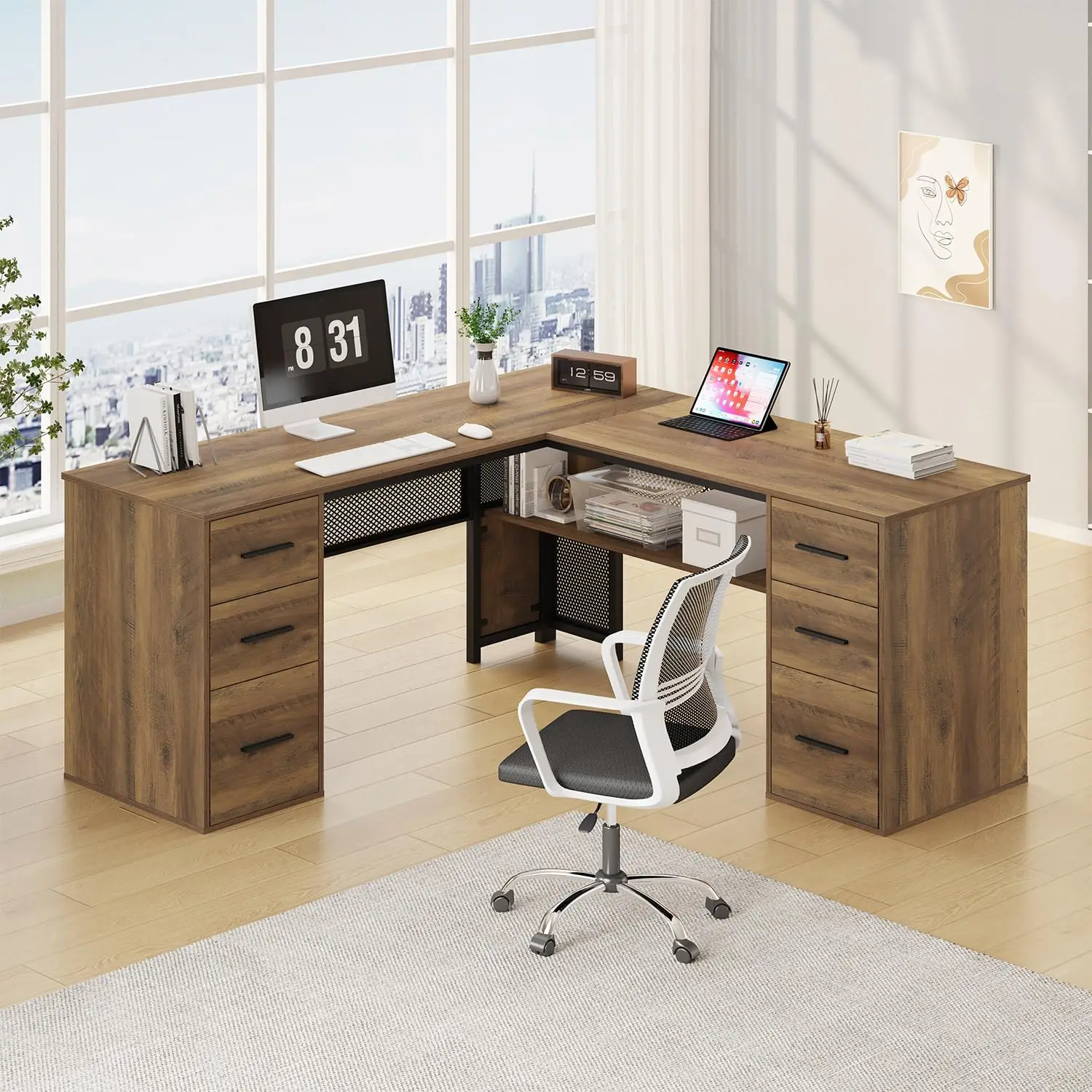 

Large L Shaped Home Office Desk with Drawers, Rustic L-shaped Computer Desk with Storage File Cabinet Shelves,, Customized