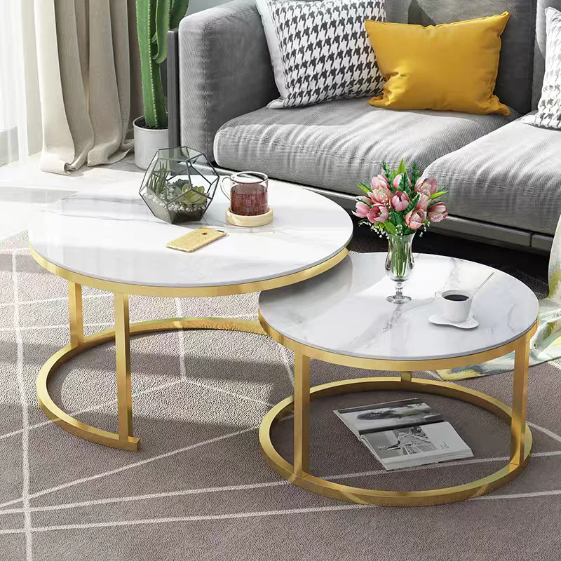 Living Room Modern Glass Center Table 2-Tier Round Coffee Table Marble Top Small Coffee Table
