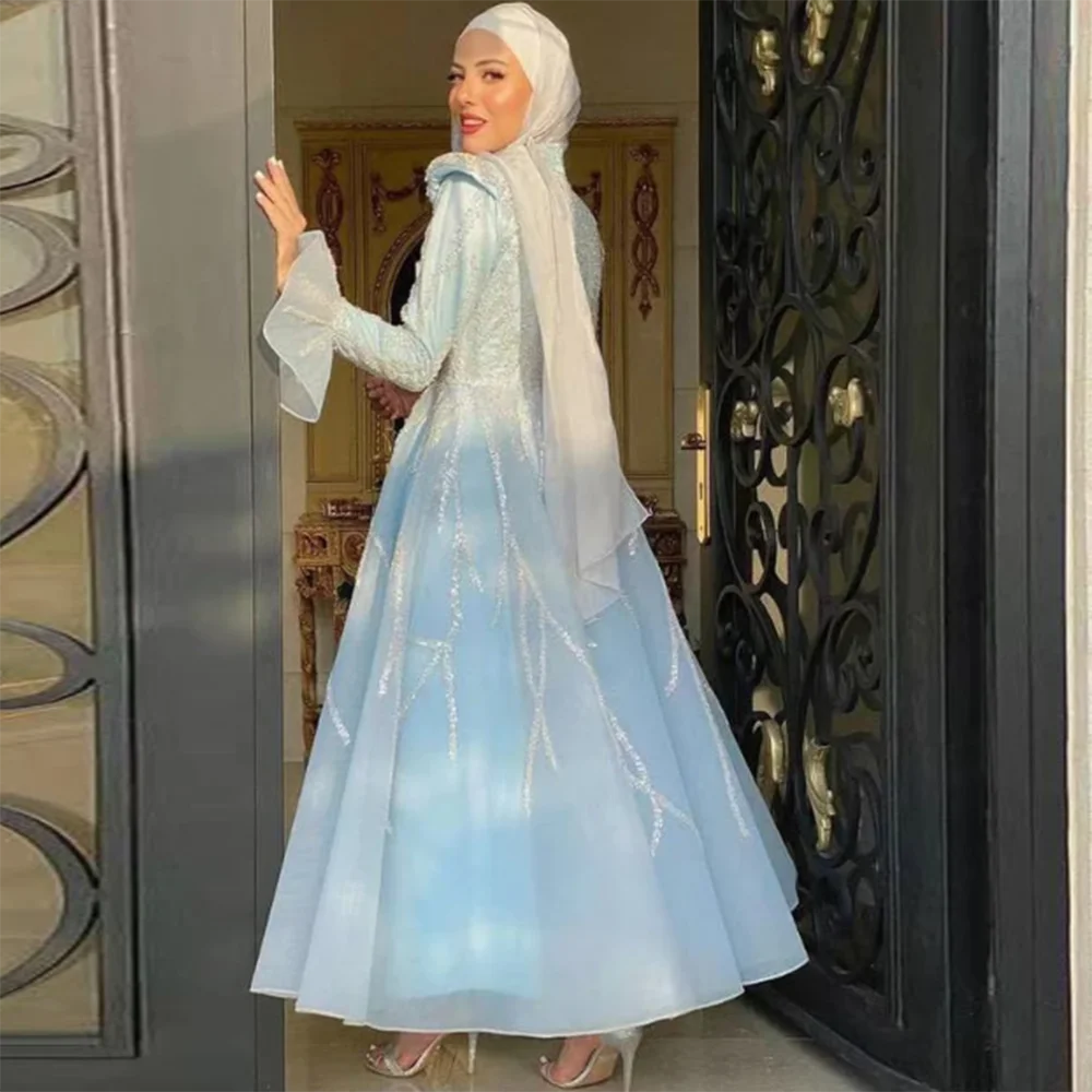 Elegant Exquisite Shiny Sequin Light Blue Luxury Women Prom Dress Ankle Length A-Line O-Neck فساتين سهرات Robes Bal De Promo