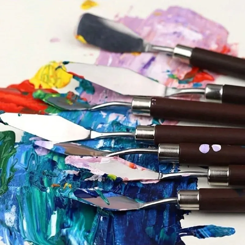 Student Art Palette Knife Set Wooden Handle Flat Head Oil Painting Scraper Spatula for Watercolor Acrylic Pigment Mixing Tool