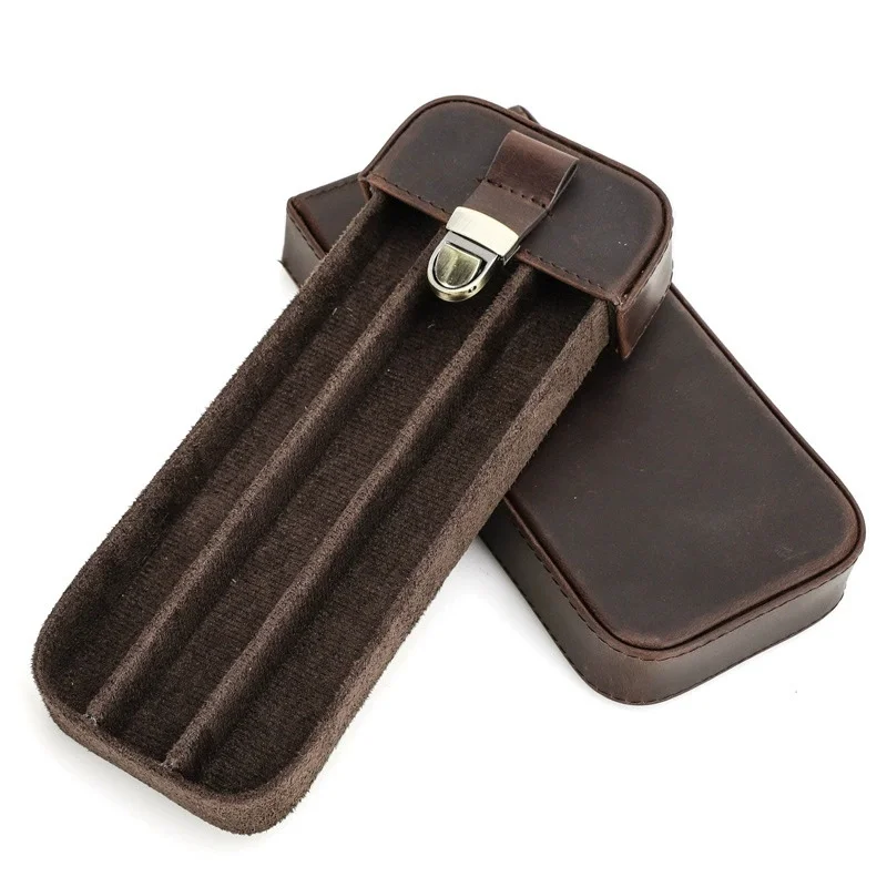 

Retro Leather Cigar Humidor Box 3 Capacity Portable Travel Cowhide Case with Brass Buckle Bussiness Gift Cigar Accessories
