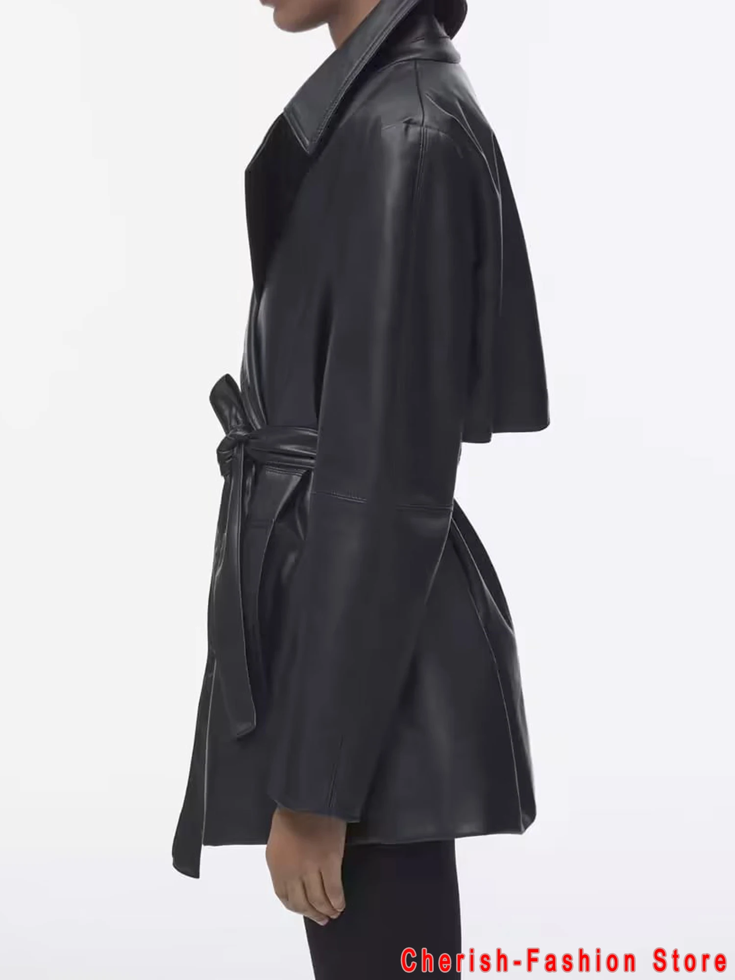 Damesmode Met Riem Faux Lederen Trenchcoat Vintage Lange Mouw Zwarte Zakken Dames Bovenkleding Chique Overjas
