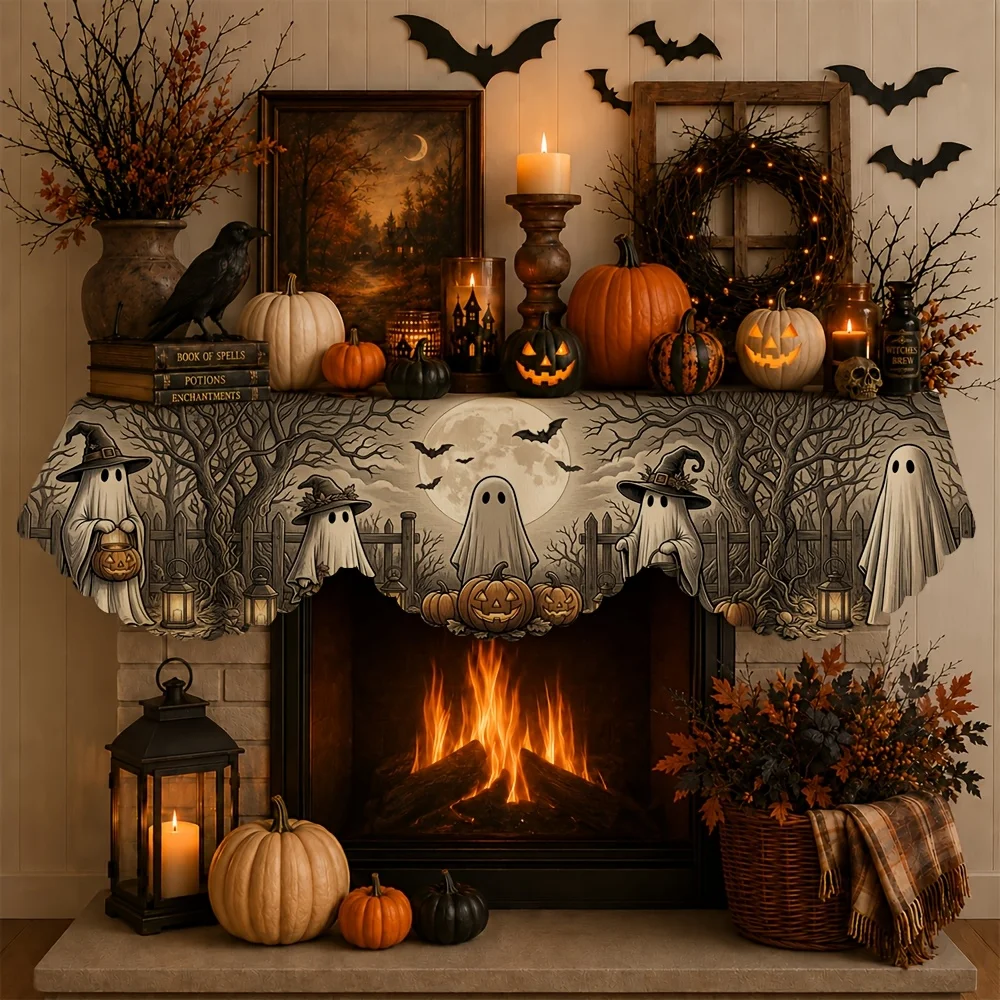 VIKAMA Halloween Fireplace Mantel Scarf Ghost Moon Pumpkin Mantel Topper Spooky Fireplace Shelf Cover Fall Home Decor