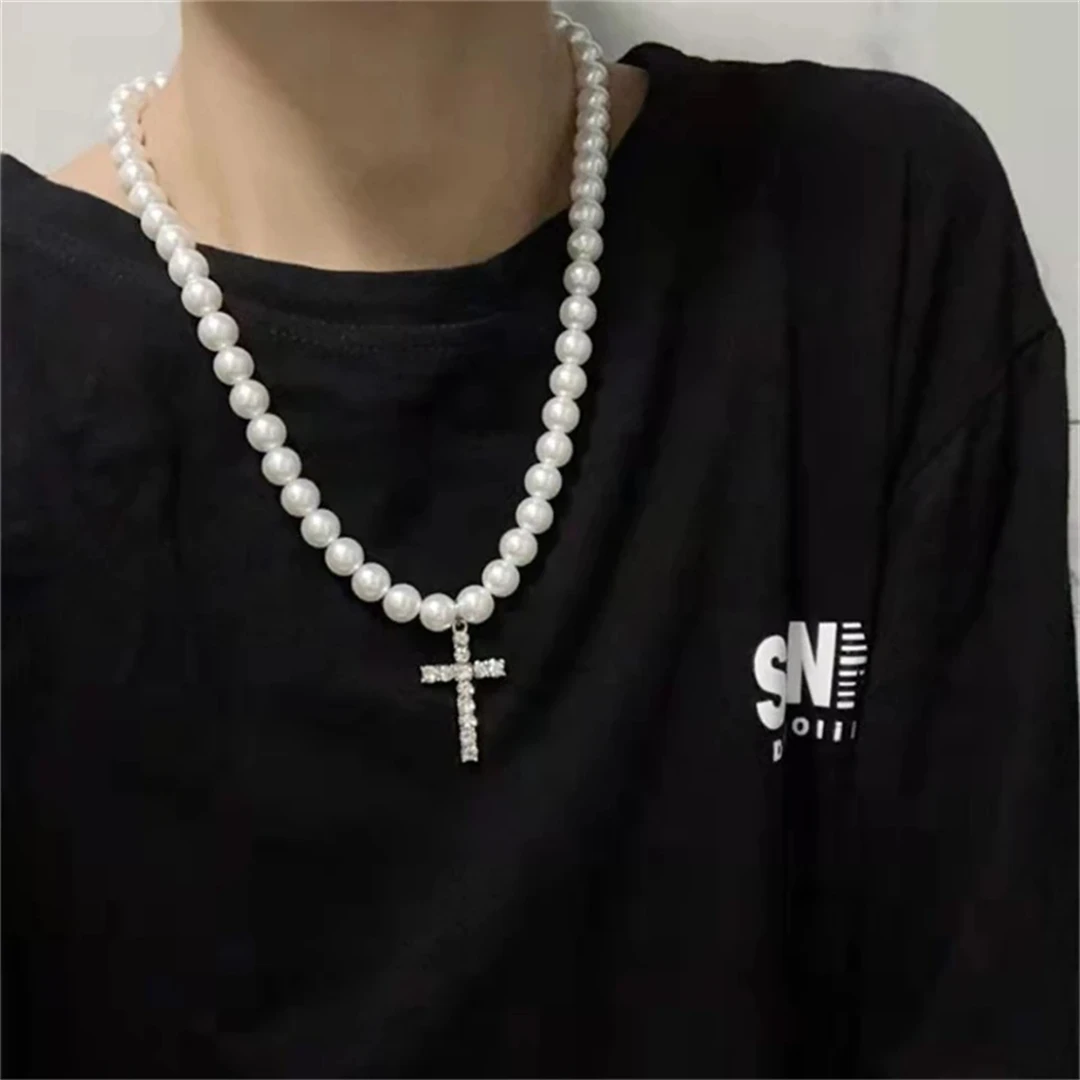 European and American Fashion Artificial Pearl Cross Necklace Trend Hip Hop Pendant Retro Clavicle Chain Man Couple Pendant Gift