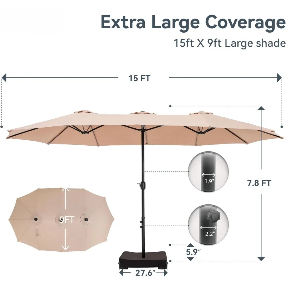 15ft Large Patio Umbrellas with Base Included, Outdoor Double-Sided Rectangle Market Umbrella with Crank Handle