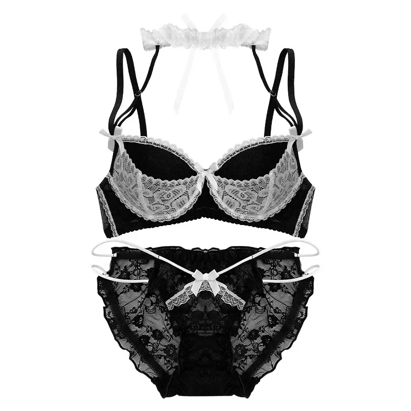 Heiß! MOYISU FR Paris Maid, sinnliches Dessous-Set, Push-up-BH für kleine Brüste, Spitzenhöschen + verstellbarer Strumpfhalter. |   Versand von Unterwäsche