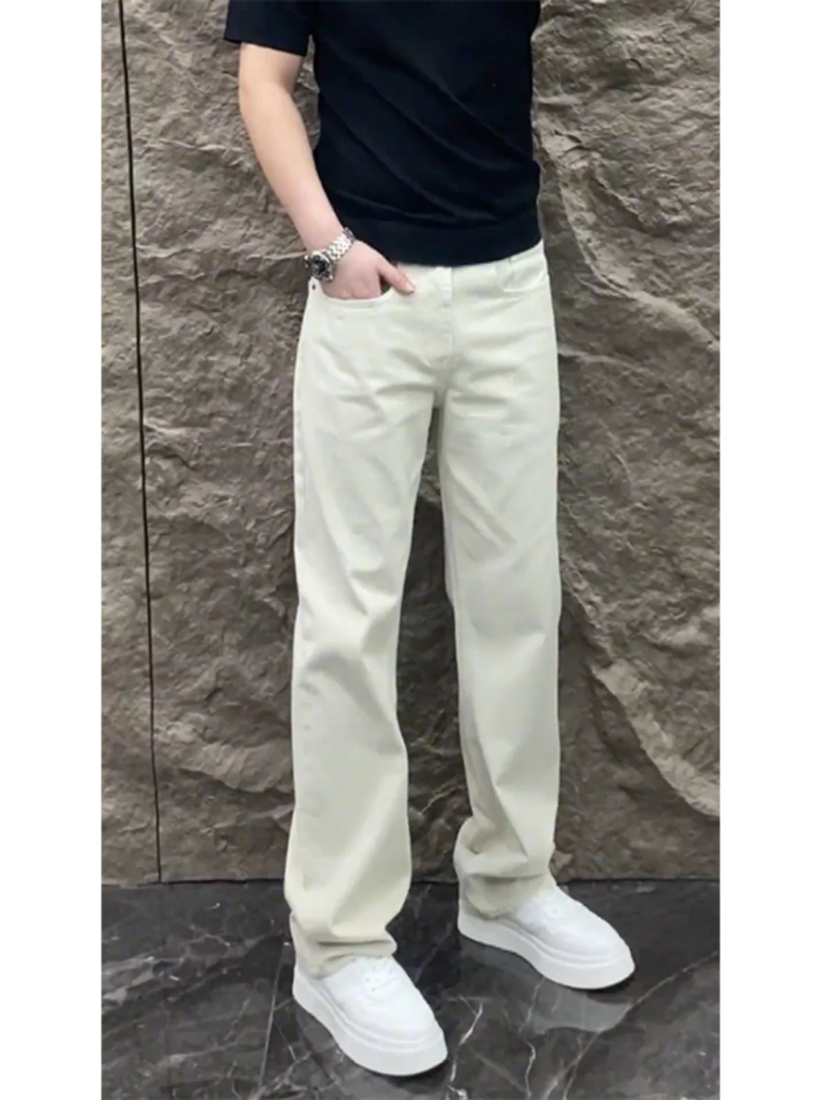 

White Soft Jeans Men's Summer Thin Cleanfit High Waist American High Street Vibe Straight Leg Micro Flare Pants