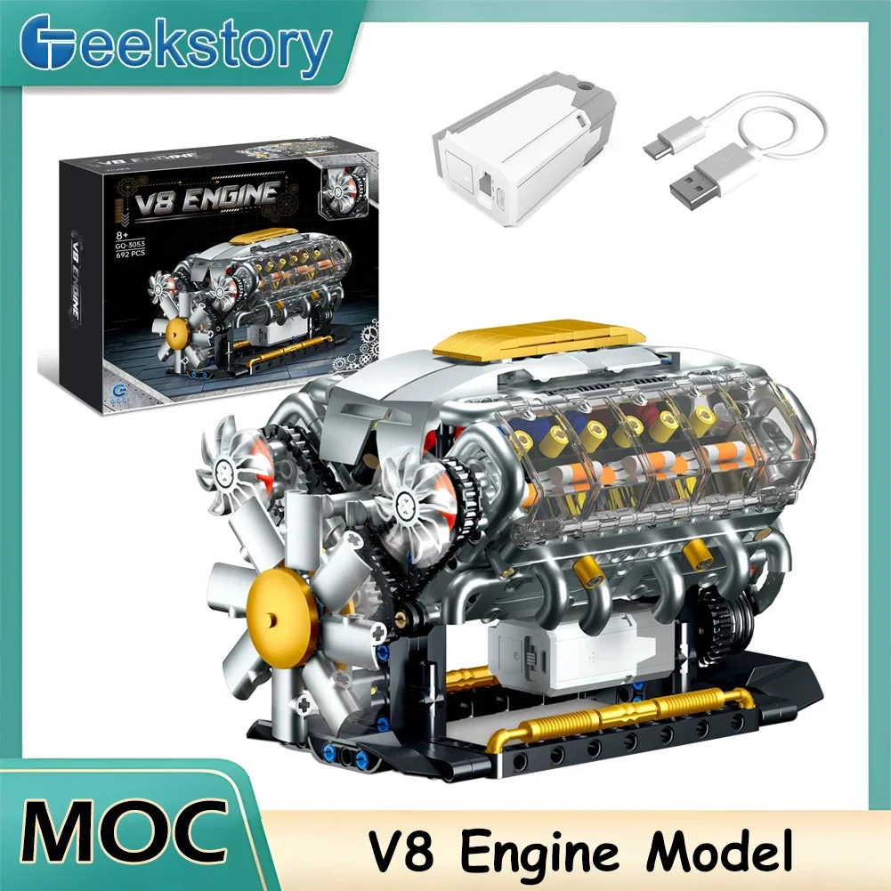 

692 шт. MOC техническая модель двигателя V8 с электроприводом, набор строительных блоков для автомобиля, креативные развивающие игрушки, подарки для мальчиков и детей