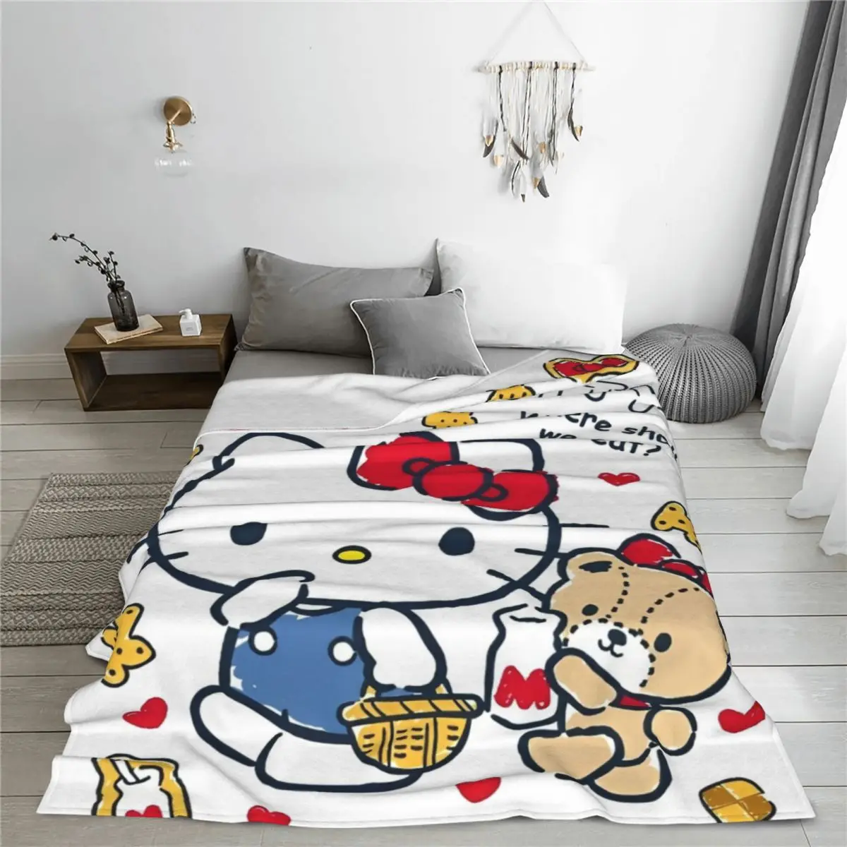 Official Hello Kitty Where We Eat Blanket Wool Throw Blanket Airplane Travel Decoration Ultra-Soft Warm Bedspreads