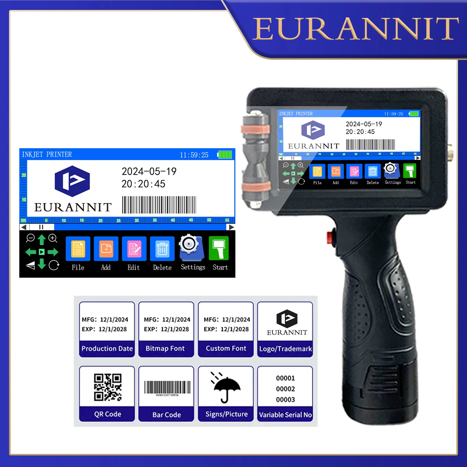 EURANNIT E16 0.5/1 inch Portable Printer 600DPI Handheld Inkjet Printer Text QR Barcode Batch Number Logo Label Printing Machine