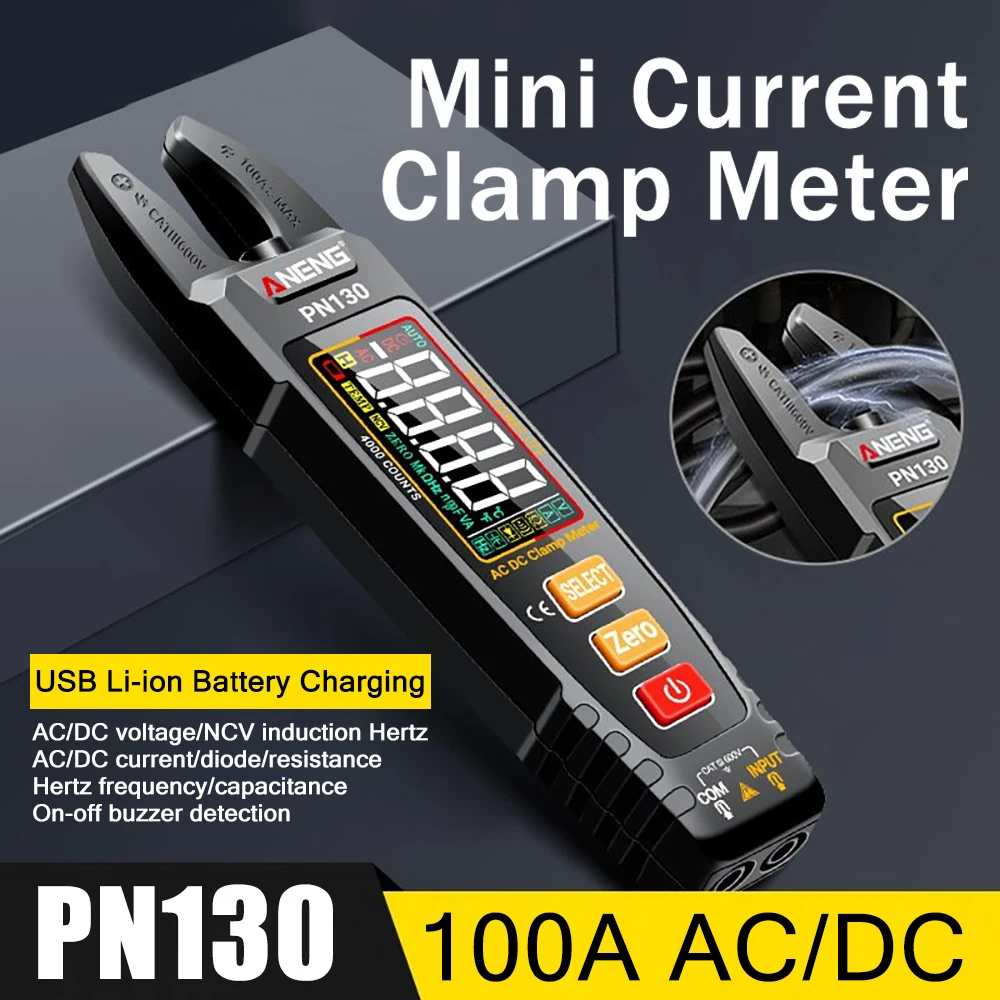 PN130 Intelligent Digital Clamp Meter Portable Multimeter Capacitance Resistance Tester 4000 Counts AC/DC Voltage Current