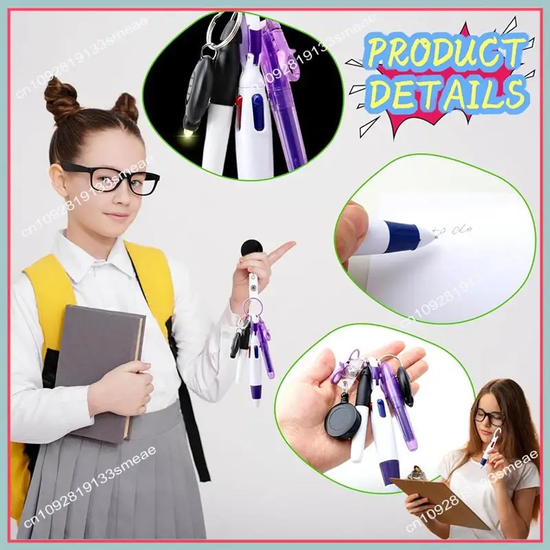 n94r-8pack-badge-reel-pen-retractable-shuttle-pen-with-mini-marker-pen-flashlight-key-ring-retractable-badge-holde