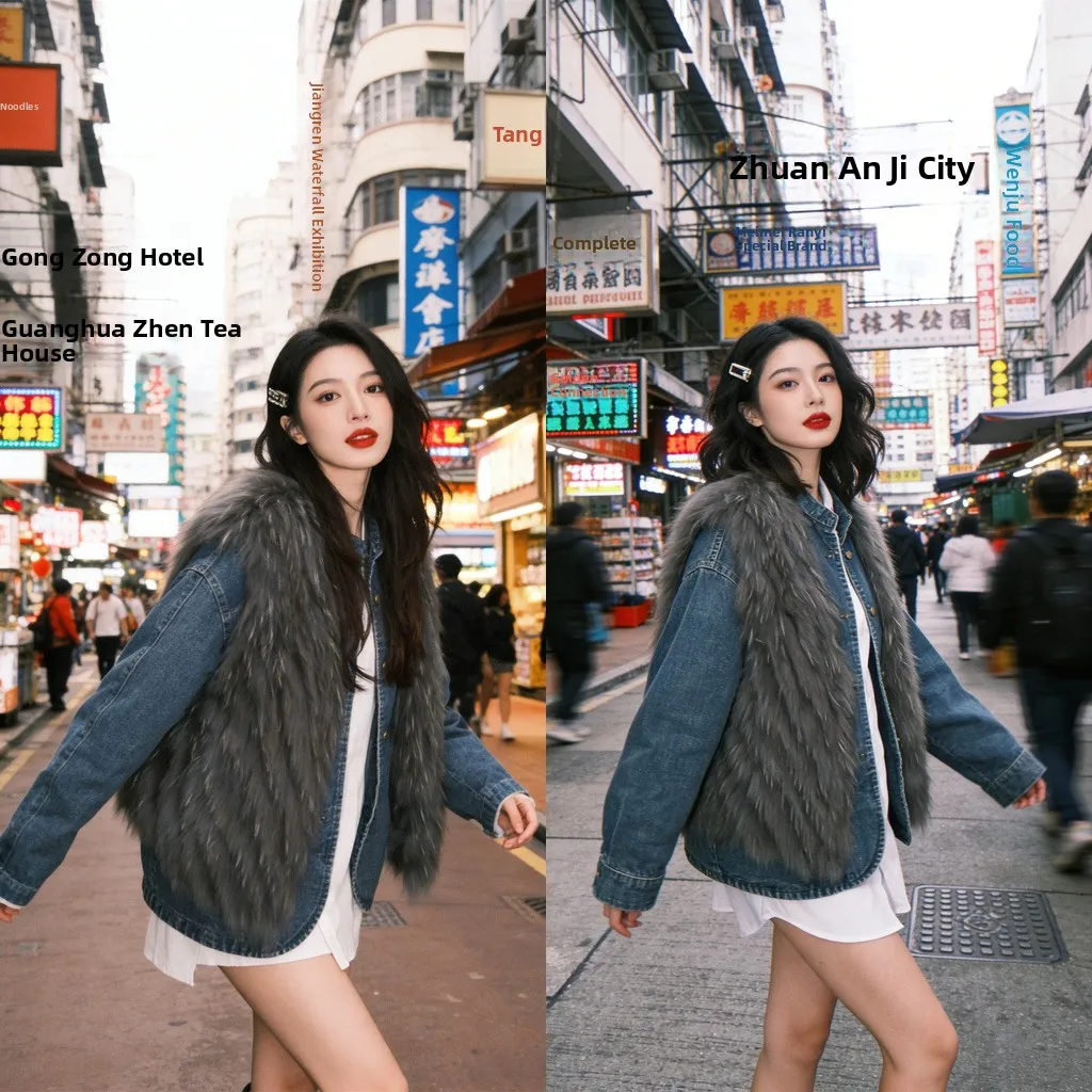 

Модный осенне-зимний комплект: джинсовая куртка и меховой жилет. Теплый, морозостойкий, премиум-класса, повседневный, свободного кроя, женский.