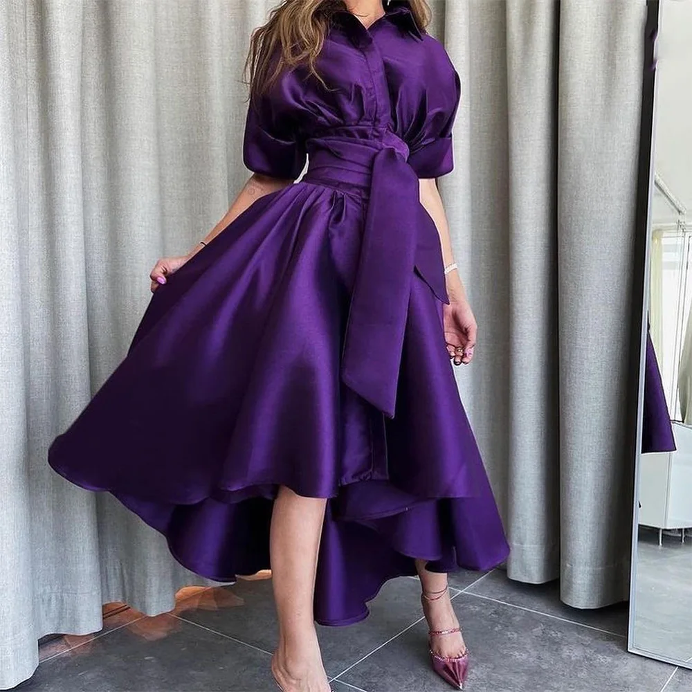 Classic Pleats Buttons Belt Tea Length Evening Dresses Temperament A-Line Satin Crew Neck Purple Party Gowns vestidos de fiesta