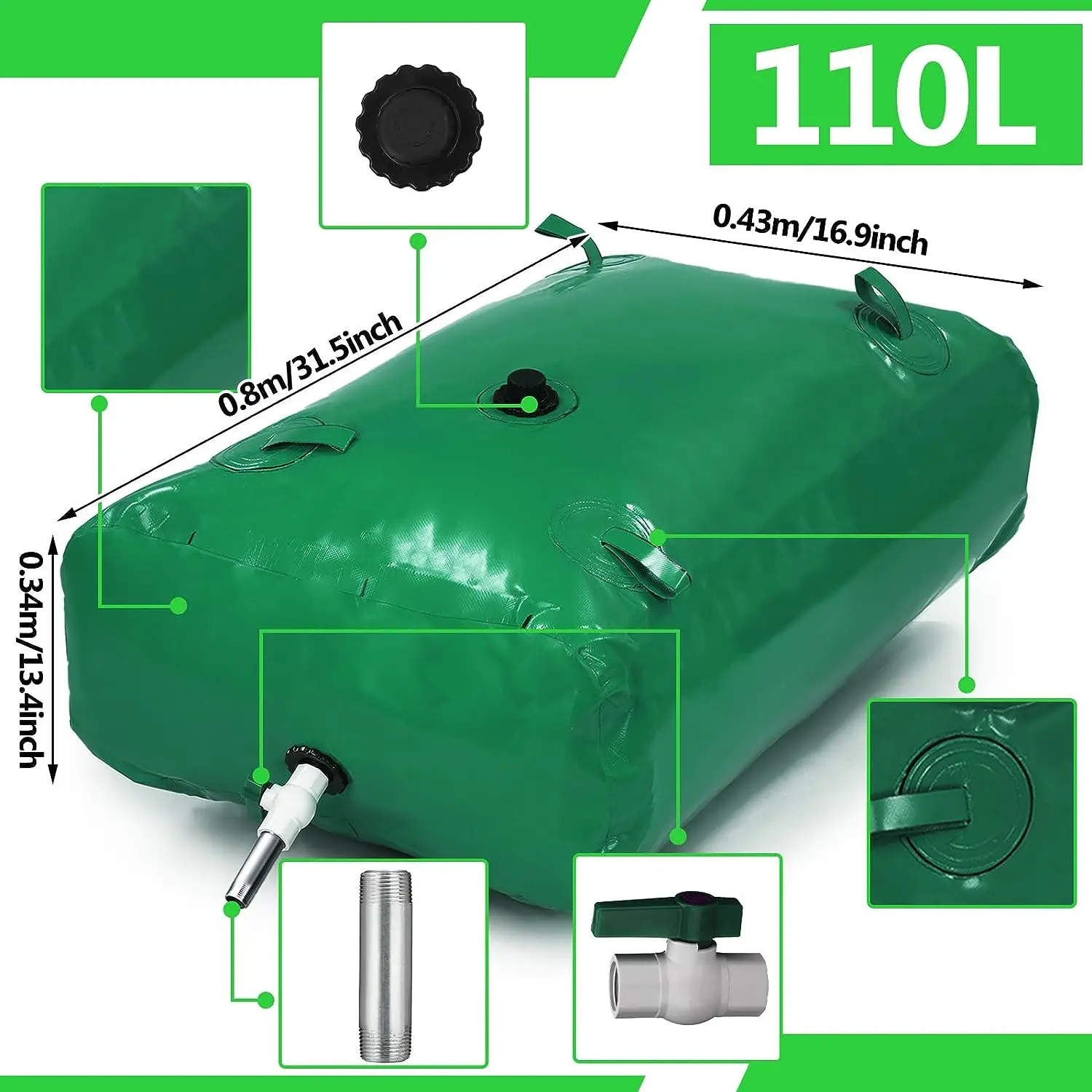 

Резервуар для воды для хранения, портативный контейнер для воды, грузовик на колесах, складная сумка для хранения для кемпинга, аварийное орошение (110 л)