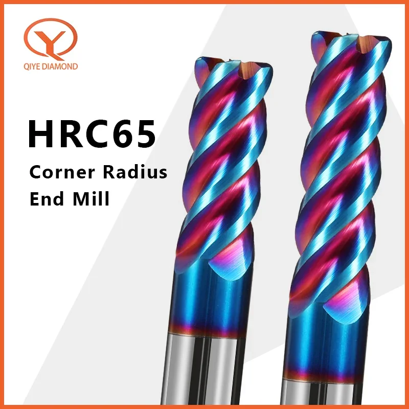 Qiye Fresas de Extremidade do Raio de Canto do Carboneto Contínuo Hrc65 Flautas Nano Revestimento Azul Cnc Ferramentas R0.5 r1 r1 Usinagem de Superfície