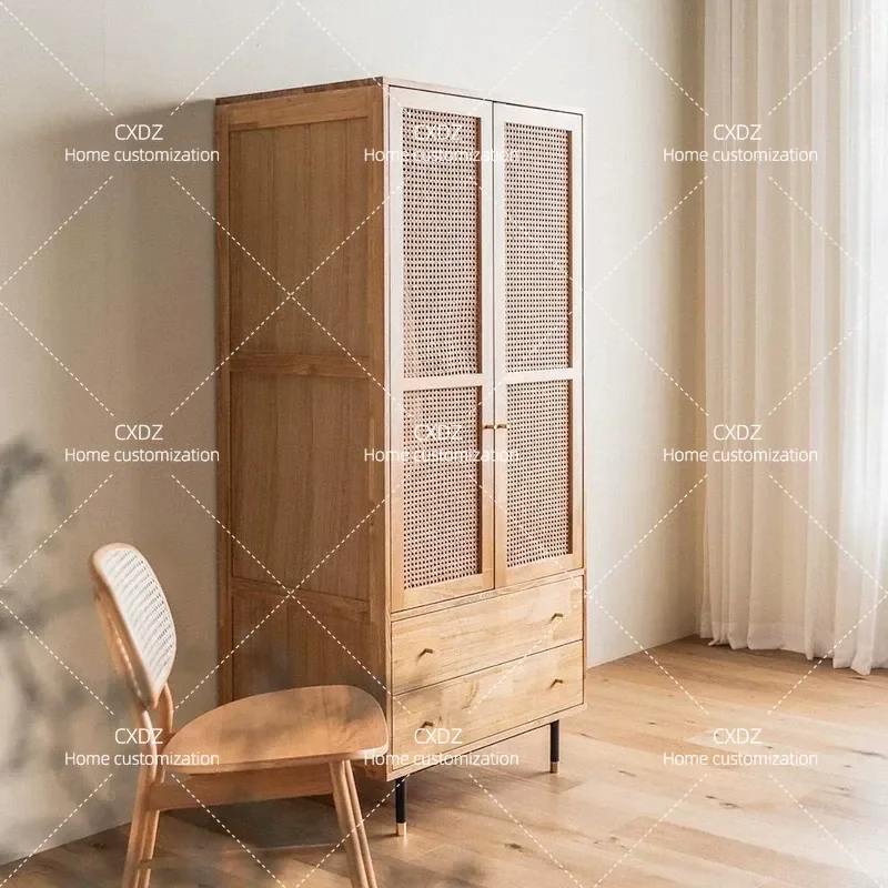 Solid Wood Rattan Wardrobe Japanese Style Cabinet Assembly Storage Household Bedroom Furniture Two Door Pressing Wardrobe