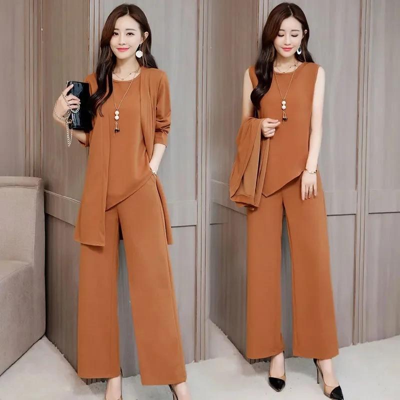 

Three-Piece Suit For Women's 2025 New Long Windbreaker Cardigan Spring Autumn Temperament Elegant Female 3 PCS Vest Pant Sets