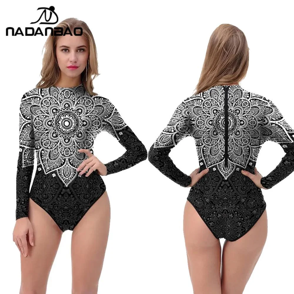 Nadanbao Summer Women Swimwear Mandala Flower 3D Print One Piece Swimsuit Long Sleeve Bathing Suit Women Sexy Bodysuit Swimsuit