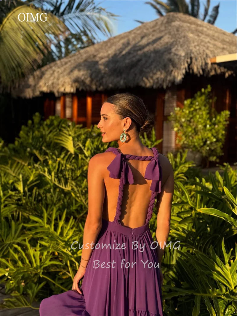 OIMG Viola Scollo a V A Line Abiti da ballo Chiffon Backless Increspato Abito da festa Lunghezza pavimento Abito da sera perfetto per feste Personalizzato